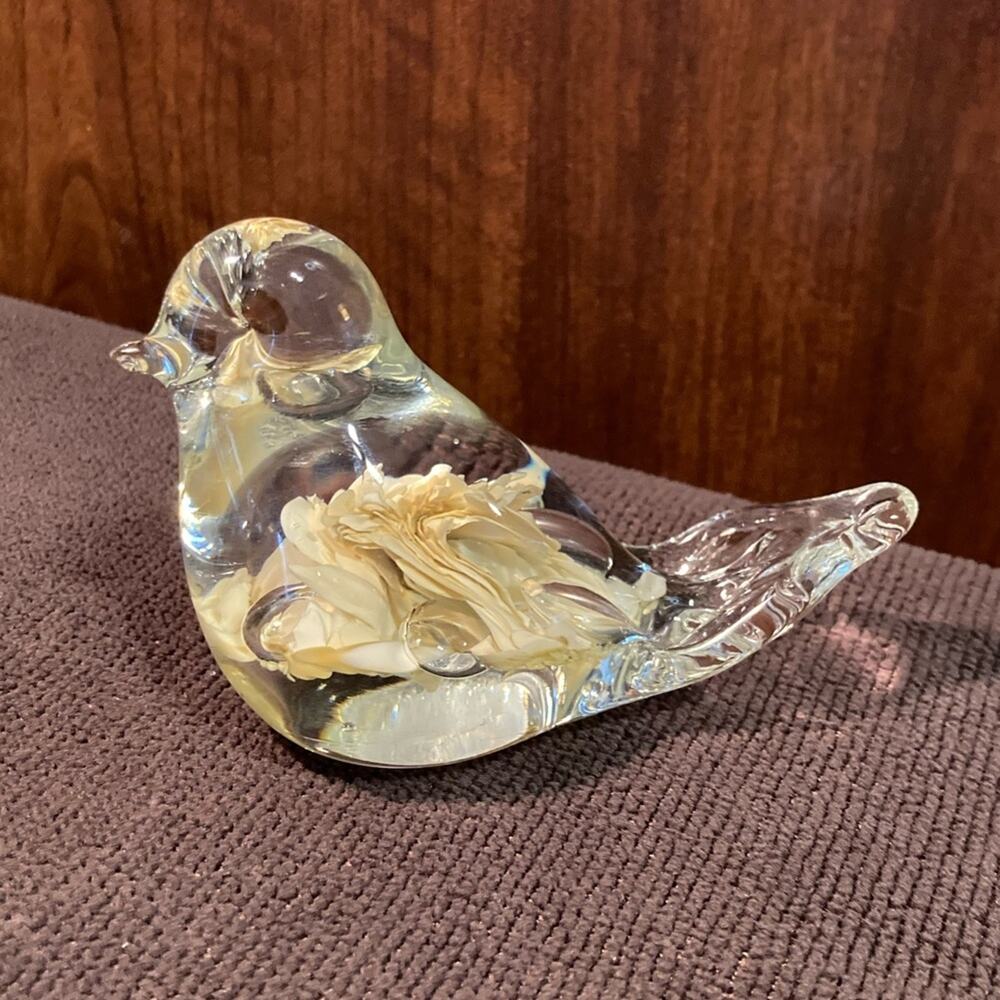 Vintage Maude and Bob St. Clair Bird Paperweight Flower Inside 1980